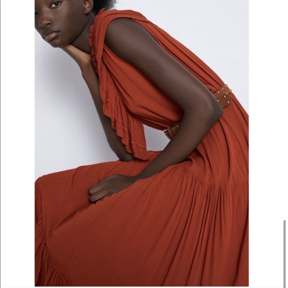 ZARA RUFFLE MIDI DRESS W BELT m - Picture 6 of 9